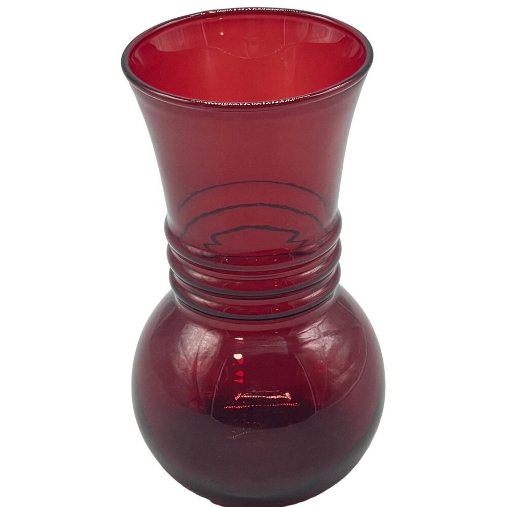 anchor hocking ruby red glass vase clear fluted ring 6.25x3" READ